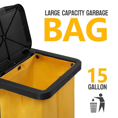 TUFFIOM Commercial Traditional Cleaning 3-Shelf Janitorial Cart, 500 Lbs Capacity Housekeeping Cart, Wheeled with Yellow VinylBag and Cover w Lid, Black, - color: Black