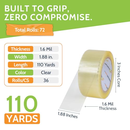 PSBM Clear Packing Tape, 72 Rolls 1.6 Mil 1.88 Inch 110 Yards Per Roll, Heavy Duty Tape for Packaging, Shipping, Moving & Sealing - size: 72 Rolls