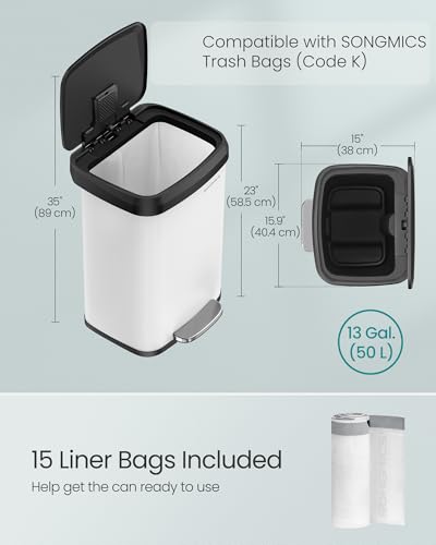 SONGMICS Kitchen Trash Can, 13-Gallon (50 L) Stainless Steel, Soft Closure - color: White + Black, style: 13 Gallons