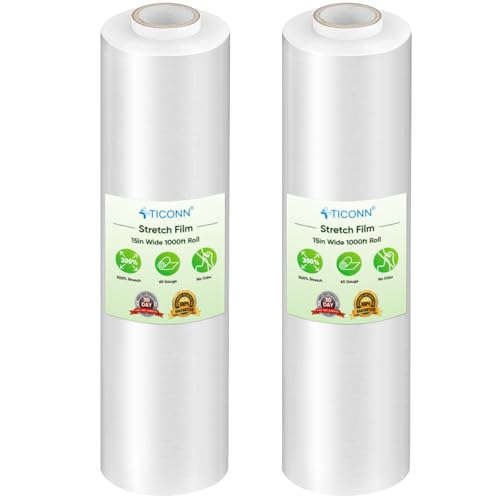 TICONN Stretch Wrap Roll, 15 in x 1000 ft Plastic Wrap for Moving Furniture - style: 15''-2PK Clear (No handle)