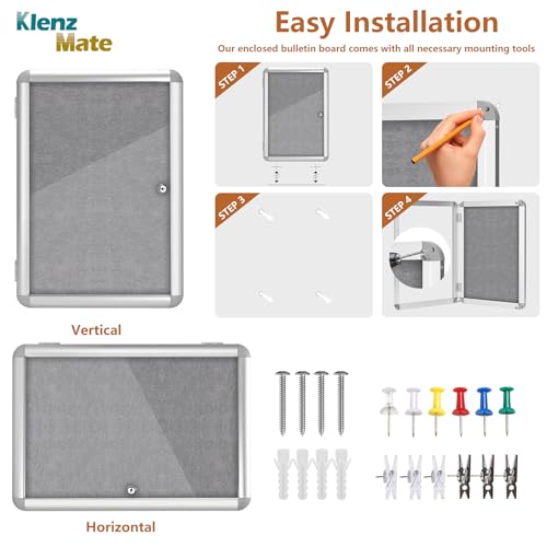 20"x14" Enclosed Cork Bulletin Board Tamper-Proof Dispaly Case, Grey Fabric - color: Silver Frame / Grey Felt, size: 20" x 14"