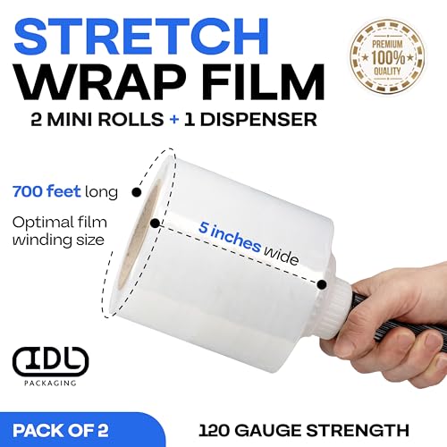 IDL Packaging 5" x 700' Stretch Wrap Mini Rolls, 120 Ga (2-Pack) - USA-Made - size: 5" Rolls + Handle, style: 700' Length, 120 Gauge