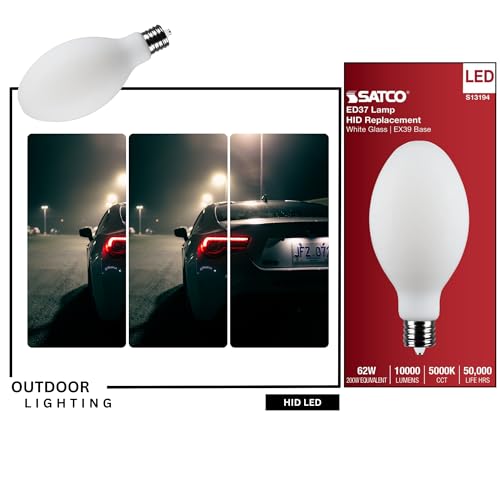 Satco S13194 62W LED HID Replacement Bulb, 5000K Natural Light, 10,000 Lumens, EX39 Mogul Extended Base, White Finish, 80+ CRI, Non-Dimmable, for Industrial and Commercial Fixtures