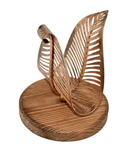 OwlGift Freestanding Modern Napkin Holder w/Bronze Metal Leaf & Brown Wooden Base Design, Tabletop Tissue Dispenser, Napkin Storage Organizer - color: Brown / Bronze