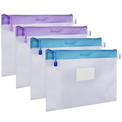 Wisdompro Zipper Pouch, 4 Pack Waterproof Mesh File Bag, Document Organizer - color: Blue/Purple