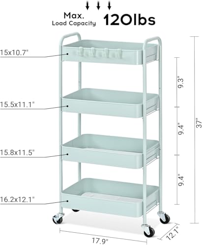 TOOLF 4 Tier Metal Rolling Cart, Utility Storage Cart with Wheels, Green - color: Green, size: 4-Tier