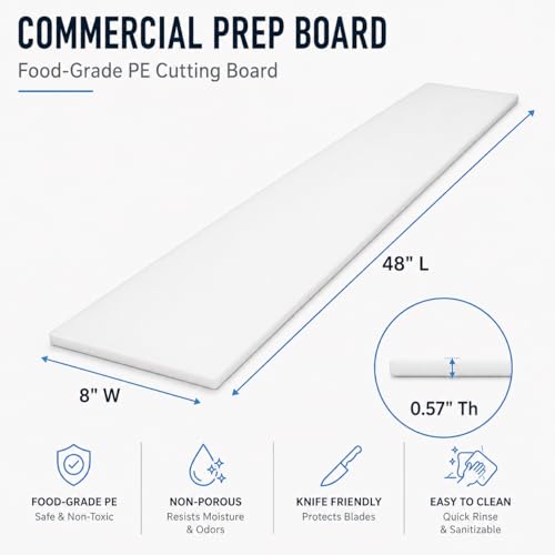 Commercial Cutting Board, Plastic Poly Kitchen Board Dishwasher Safe, Heavy Duty Food Prep Surface for Restaurant Use (48"L x 8"W x 0.57"Th) - color: White, size: 48"L x 8"W