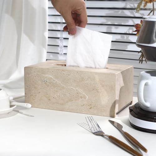 DUANYAN Italian Travertine Tissue Box Cover, Rectangular, Natural Stone - color: Beige