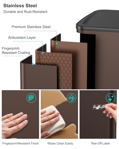 Dual Trash and Recycling Bins for Kitchen, 19+8 Gallon (72+30L) Stainless Steel Trash and Recycle Bin Combo with Soft-Close Lid, Large Garbage Cans for Kitchen Home with 2 Magnets Sticker, Brown - color: Brown