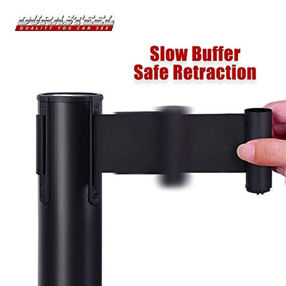 DuraSteel Crowd Control Barriers Line Dividers - Metal Stanchion Posts with 6.5ft Black Retractable Belt Ropes - for Store Queues, Airport Lines, Event Entries - 6 Set/Pack - color: Black Belt, style: Black Stanchion 6 Pieces + 1 Vert Frame