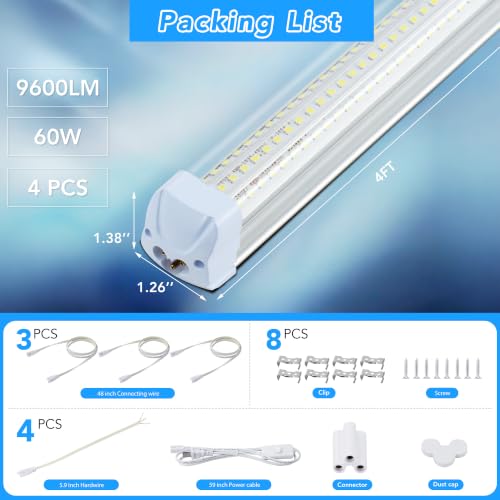 4PCS 4FT LED Shop Lights 60W 9600LM 6500K T8 V-Shape Linkable - size: 4FT-4PCS-6500K