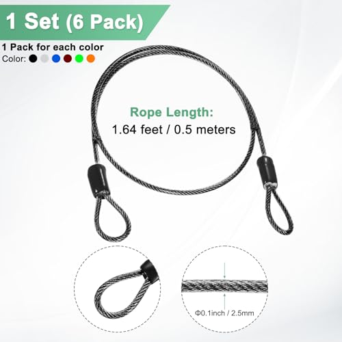 M METERXITY 6-Pack Security Cable Lock, 1.64FT PVC Coated Steel Luggage Lock Wire Rope with Double Loop for Outdoor Travel/Gate/Bike, Cut-Resistant Braided Steel Cable Kit - size: 1.64FT