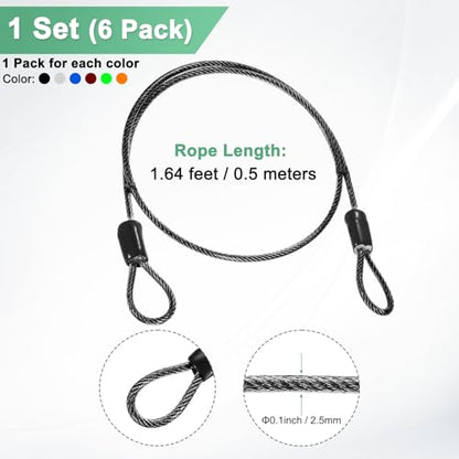 M METERXITY 6-Pack Security Cable Lock, 1.64FT PVC Coated Steel Luggage Lock Wire Rope with Double Loop for Outdoor Travel/Gate/Bike, Cut-Resistant Braided Steel Cable Kit - size: 1.64FT