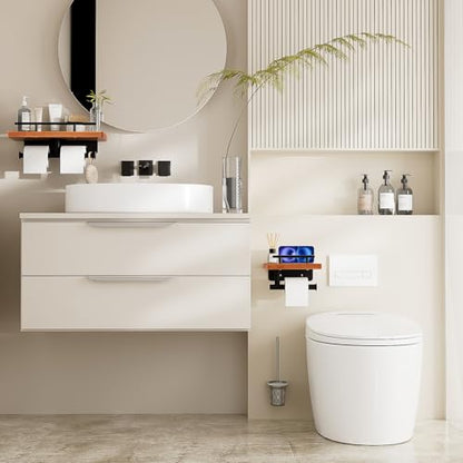 Toilet Paper Holder with Wood Shelf, Wall Mount Toilet Paper Roll Holder with Wooden Shelf and Matte Black Stainless Steel Pipe, Tissue Roll Holder for Bathroom Washroom (Light Brown, 13.8'' x 5.9'') - color: Light Brown, size: 13.8'' x 5.9''