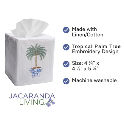 Jacaranda Living Square Tissue Box Cover, Linen/Cotton Fabric Tissue Holder, Decorative Cloth Tissue Cube Cover, Botanical Designs, Tropical Palm Tree - color: Tropical Palm Tree