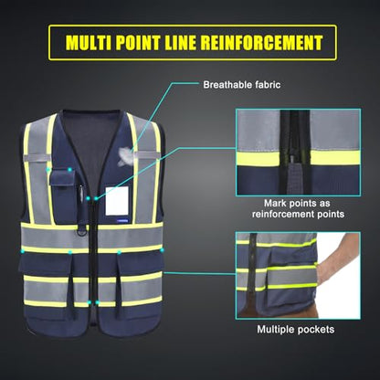 AYKRM Security Vest for Men Women 7 Pockets High Visibility Reflective Safety Vest Front Zipper Meets ANSI/ISEA - color: Navy-sheriff, size: XX-Large