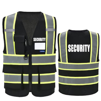 AYKRM Security Vest for Men Women 7 Pockets High Visibility Reflective Safety Vest Front Zipper Meets ANSI/ISEA - color: Black, size: Medium