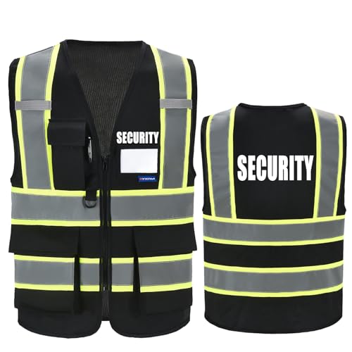 AYKRM Security Vest for Men Women 7 Pockets High Visibility Reflective Safety Vest Front Zipper Meets ANSI/ISEA - color: Black, size: Small