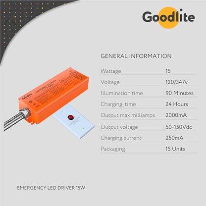 Goodlite 15W Essential Safety Emergency LED Driver: Ensures Continued Lighting During Power Failures, 2000mA, 170Vdc, 90-Min Backup, 120/347V, Quick 24Hr Recharge, for T8, Downlights etc 1ct (G-48410)