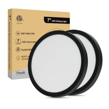 7 Inch LED Flush Mount Ceiling Light, Dimmable 5CCT Selectable, 100W Equivalent Incandescent, 12W 1000Lm Modern Kitchen Recessed Ceiling Lamp for Bathroom Closet Laundry Hallway, 7 Inch 2Pack Black - color: Black-2 Pack, size: 7 Inch