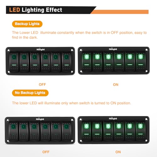 Nilight 6 Gang Rocker Switch Panel SPST On Off 5PIN Electrical Toggle Green - color: Green, size: 6 Gang