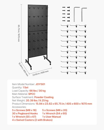 VEVOR Standing Pegboard Display, 23.6 x 63 in Pegboard Display Stand with Swivel Casters and 30 Hooks, Thickened Cold-Rolled Steel Peg Board Panel for Grocery, Retail Store and Jewelry Shop, Black