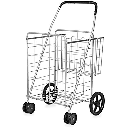 Goplus Jumbo Folding Shopping Cart with Rolling Swivel Wheels, Foldable Grocery Cart on Wheels with Double Basket, Heavy Duty Utility Cart, Shopping Carts for Groceries Laundry Book Luggage Travel - color: Silver, size: 24"D x 23"W x 40"H