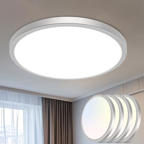 libtit 16Inch Flush Mount LED Ceiling Light Fixture, 3000K 4000K 6500K Adjustable, 36W 3600lm Brushed Nickel Satin Round Ceiling Lamp for Bathroom Shower Hallway Kitchen, 4 Pack - color: Brushed Nickel, size: 16in-4Pack