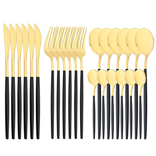 Mirror Cutlery Serving Set, 24-piece 18/0 Stainless Steel Silverware With Black Handle Simple & Modern Tableware For Home Party Restaurant Christmas Dinner, Service For 6 (Black Gold) - color: Black/Gold
