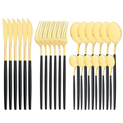 Mirror Cutlery Serving Set, 24-piece 18/0 Stainless Steel Silverware With Black Handle Simple & Modern Tableware For Home Party Restaurant Christmas Dinner, Service For 6 (Black Gold) - color: Black/Gold