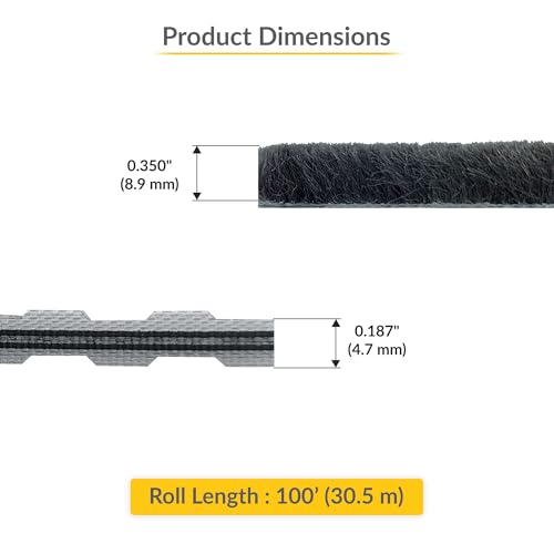 Brixwell Zipper Pile Weatherstrip - 100' Roll, 0.350" Pile Height, Gray Finish, Door Weather Seal, Zipper Weatherization Seal for Windows & Doors, Weatherstrip Replacement - style: 0.350" (8.9mm)