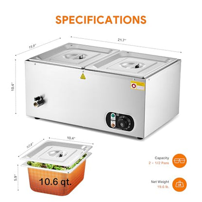 WILPREP Commercial Food Warmer with Two 1/2 Pans, 1500W Countertop Electric Steam Table, 86-185°F Adjustable Temp Control & Over-Temp Protection, Stainless Steel Buffet Bain Marie - size: 1/2 pan*2