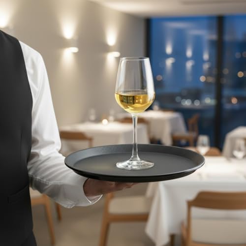 TrueCraftware- 11" Round Serving Tray Fiberglass Black Set of 2- Non Slip Surface Service Trays Round Tray Plastic Food Meals Server Tray for Home Kitchen Restaurant Cafeteria Bar Hotel - color: Black, size: 11" Round