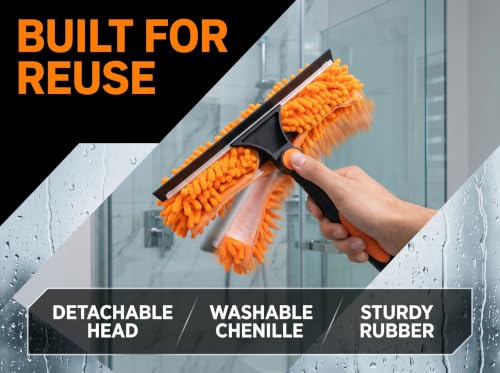 2-in-1 Window Cleaning Squeegee and Scrubber Kit, All-in-One Glass Cleaning Tool with Squeegee and Detachable Chenille Scrub Cloth Head, Streak-Free Window Washer for Home, Car, and High Windows