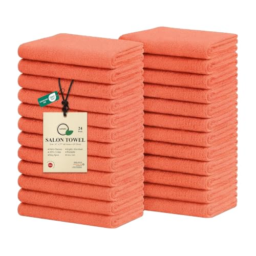 Salon Towels – Pack of 24 (16"x27") 100% Cotton Ring Spun (Not Bleach Proof) Ultra Soft, Highly Absorbent Hand Towels – Bulk for Spa, Gym & Salon (Coral) - color: Coral