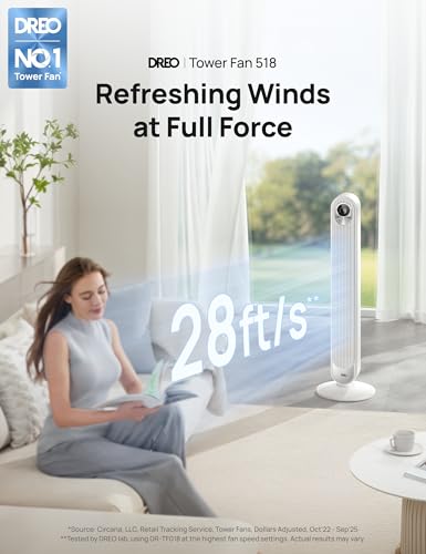 DREO Tower Fan for Bedroom, 28ft/s High Velocity, 9 Speeds, DC Motor - color: White, size: 42 inch