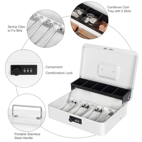 Cash Box with Money Tray and Combination Lock, Money Box for Cash Register - color: White