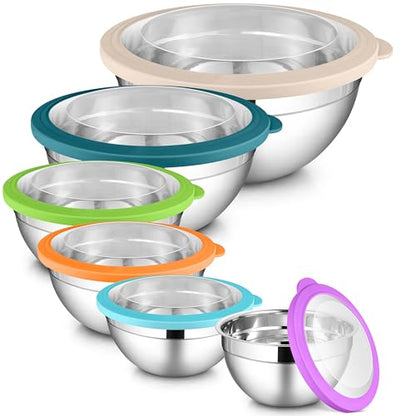 LIANYU Mixing Bowls with Visible Lid Sets of 6, Cooking Bowls for Kitchen - color: Colorful, style: Atlas Base with Visible Lids