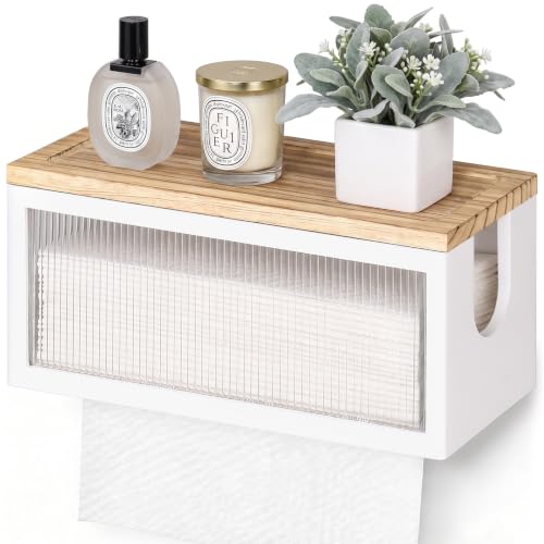 Wooden Paper Towel Holder with Lid & Acrylic Window Wall Mounted - color: White Acrylic
