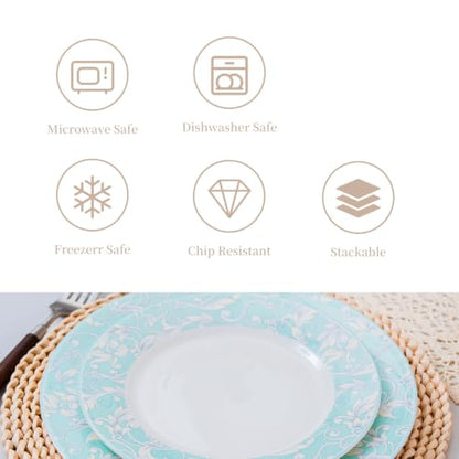 Bone China Dinnerware Set for 4, 12 Pcs Plates and Bowls, Light Blue Rim - color: Light Green