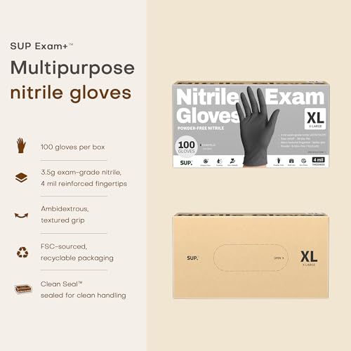 Nitrile+ SUP Exam Plus Gloves, Powder-Free Disposable, Black 100 Count - color: X-large (Iron Grey)