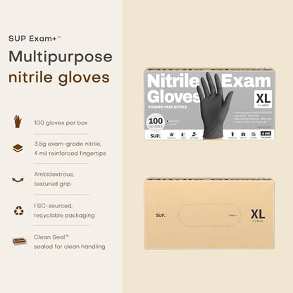 Nitrile+ SUP Exam Plus Gloves, Powder-Free Disposable, Black 100 Count - color: X-large (Iron Grey)