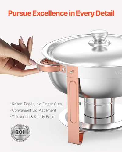 VEVOR Chafing Dish Buffet Set, 5 Qt 4 Pack, Stainless Steel Chafer with 4 Full Size Pans, Round Catering Warmer Server with Lid Water Pan Folding Stand Clip, for Weddings Parties Banquets, Rose Gold - size: 4packs Rose Gold
