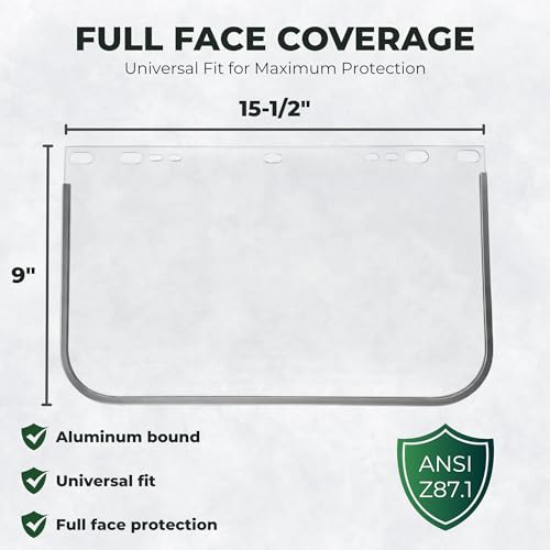 Clear 2 Pack Universal Flat Face Shield Visors – 9" x 15.5" Aluminum Bound Replacement Shields – ANSI Z87.1 Safety Face Shield for Grinding, Cutting and Welding - color: Clear, 2 Pack Flat