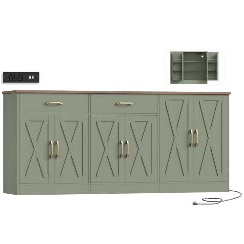 HOSTACK 71" W Kitchen Buffet Cabinet with Storage, Large Coffee Bar Cabinet - color: Sage Green