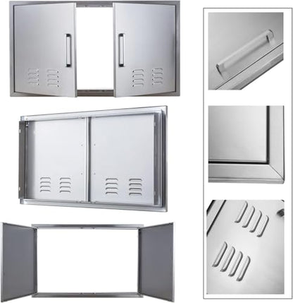 Outdoor Kitchen Doors, 42x21 Inch 304 Stainless Steel BBQ Access Door with Vent, Double Steel Doors for Outdoor Grill Island - size: 42W x 21H