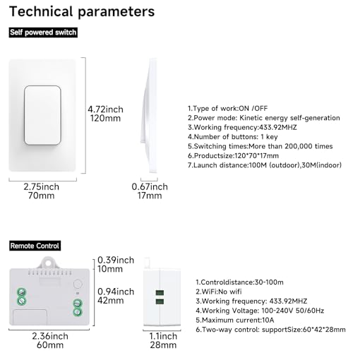 Self Powered Wireless Light Switch Kit Remote Light Switches Wireless No Wiring No Battery Kinetic Light Switch Wireless Radio Wall Switches for Home Lighting - style: US 1Gang 1V1 A