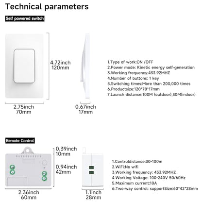 Self Powered Wireless Light Switch Kit Remote Light Switches Wireless No Wiring No Battery Kinetic Light Switch Wireless Radio Wall Switches for Home Lighting - style: US 1Gang 1V1 A