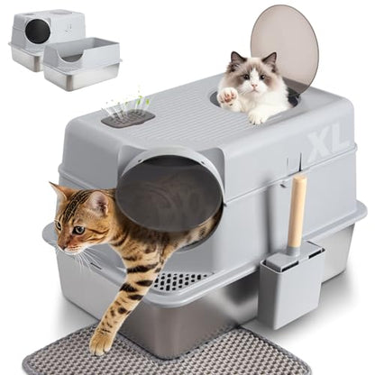 Stainless Steel Litter Box with Lid,Extra Large Enclosed cat Litter Box - color: Enclosed-XL