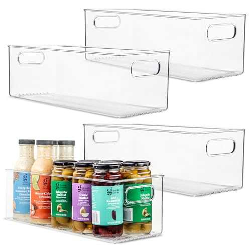Plastic Food Storage 4 Pack Clear Container Bin with Handles for Organizing Kitchen, Pantry, Fridge, Freezer, Pantry, Bathroom. 14"x6"5" - size: 14x6x5